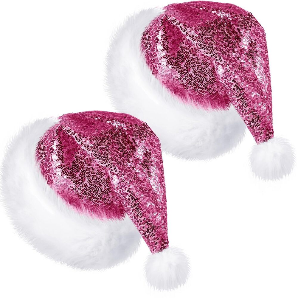 7681 2 Pcs Adult Sequin Santa Hat Unisex Christmas Hat Santa Claus Cap Xmas